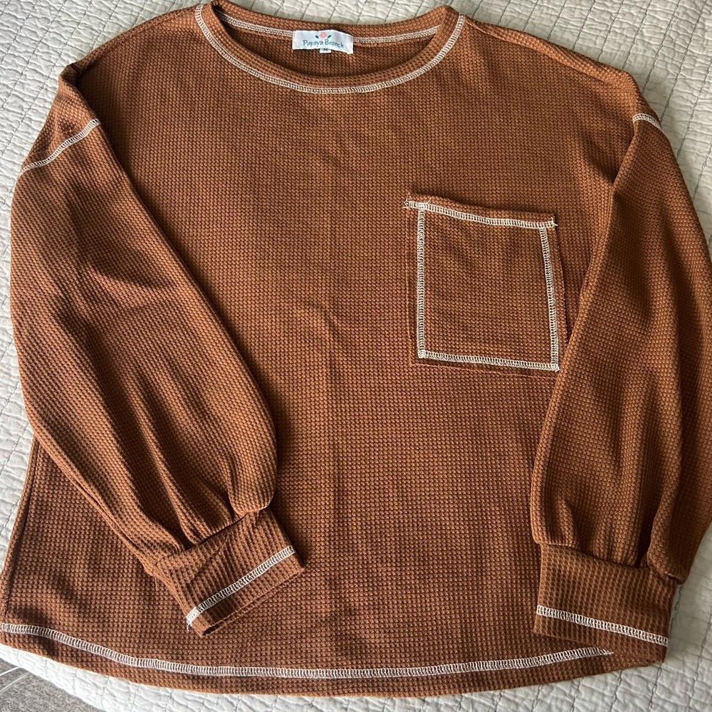 Women’s Brown cropped waffle shirt with Pocket